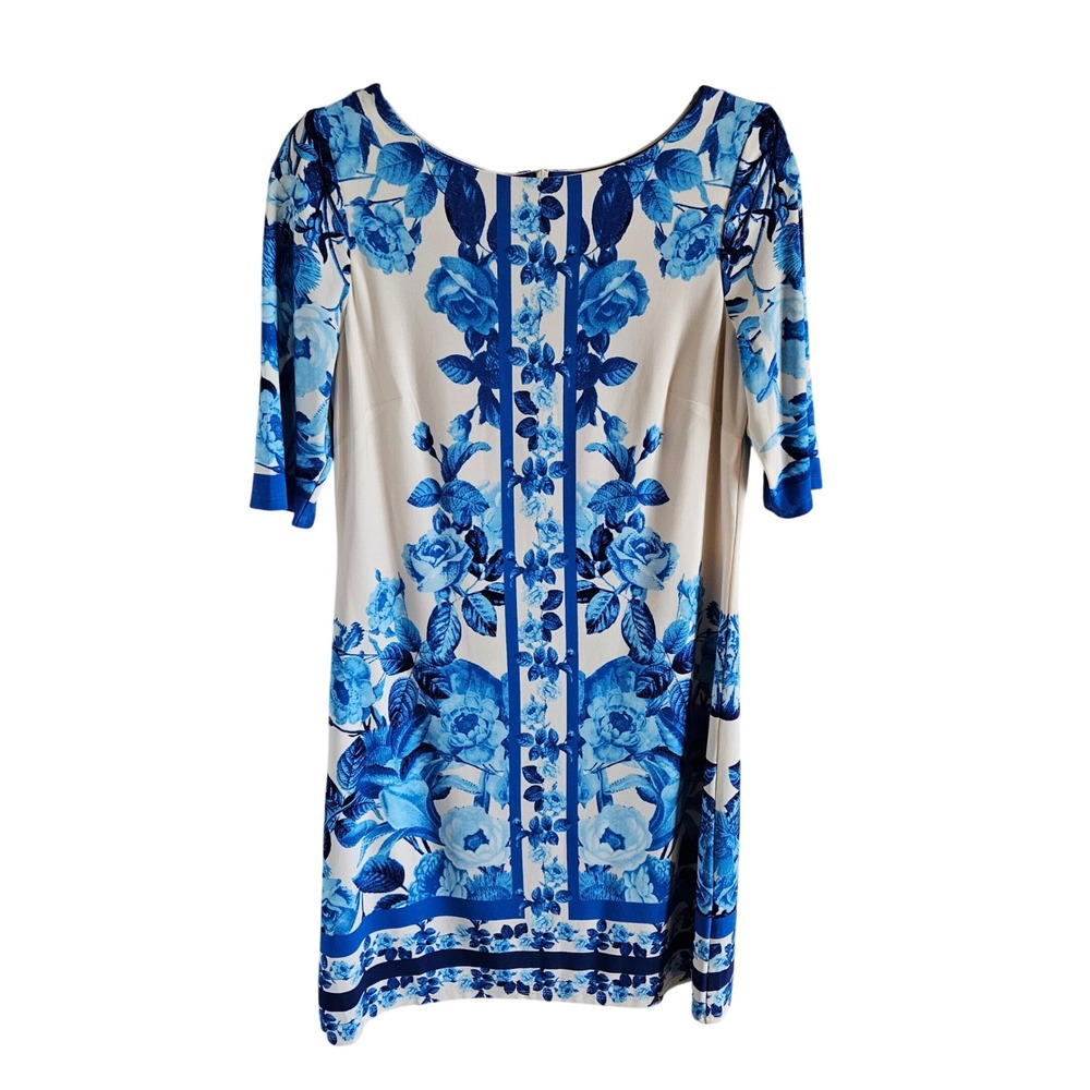 Eliza J Blue White Floral Porcelain Print Sheath Dress Size 8 Elbow Sleeve